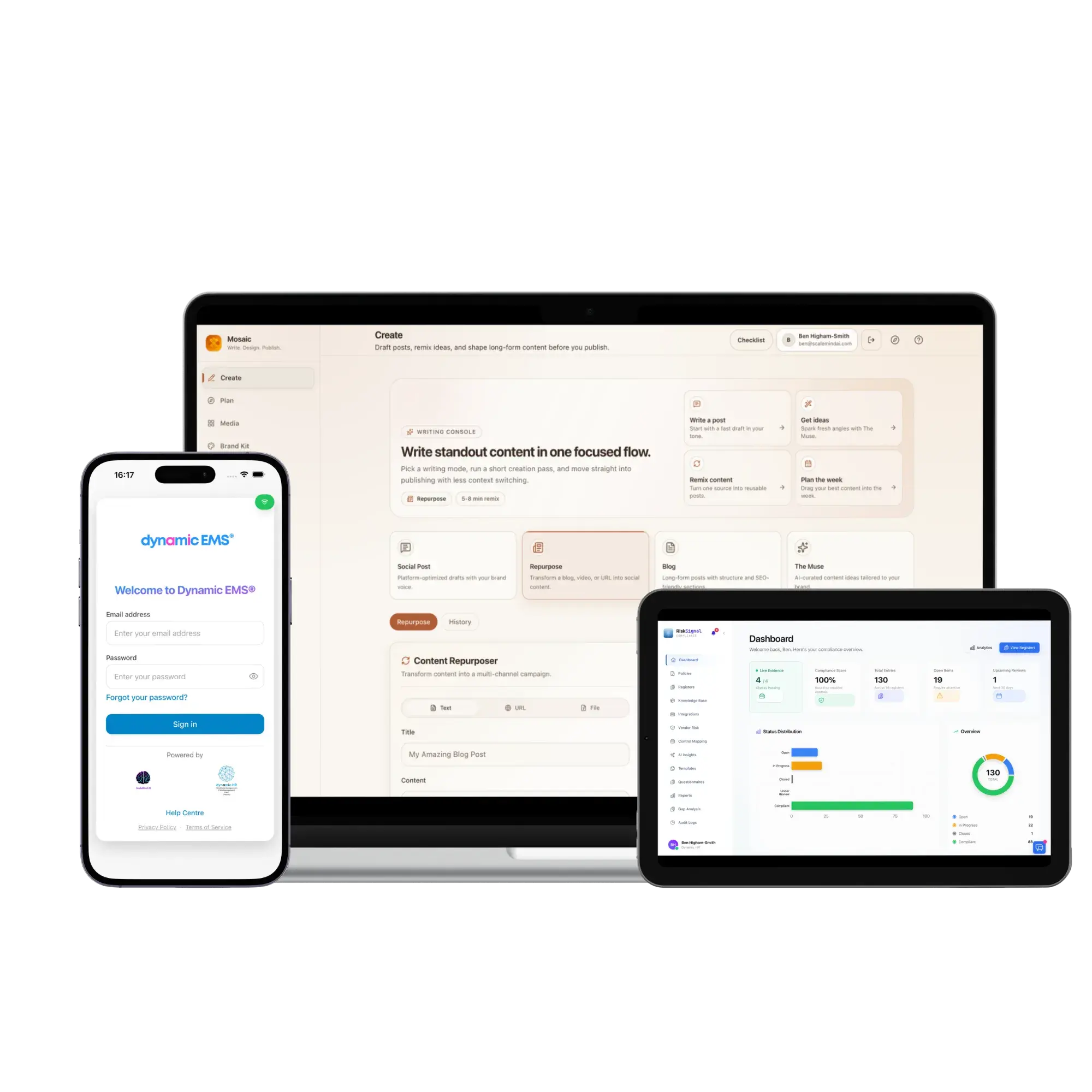 Scalemind AI product suite — Dynamic EMS, Mosaic, and RiskSignal